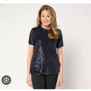 Dennis Basso Navy Sequin Short Sleeve Top Size M